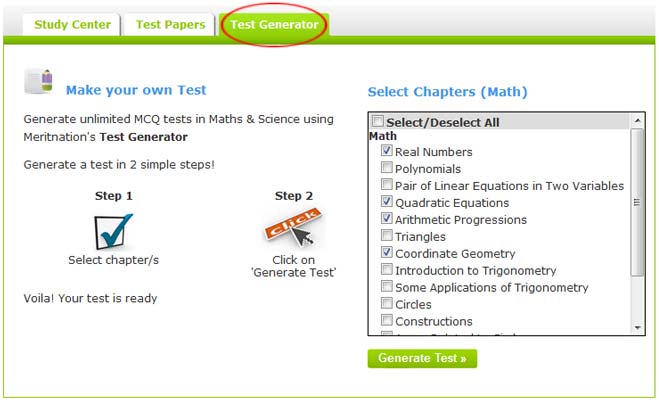 Test Generator

An online assessment tool to help you prepare better in Maths and Science

Merit