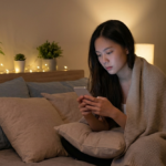 Young adult feeling lonely looking at a smartphone group chat in a dark room