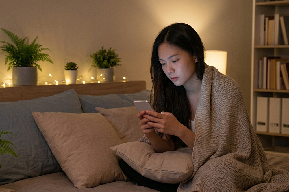 Young adult feeling lonely looking at a smartphone group chat in a dark room